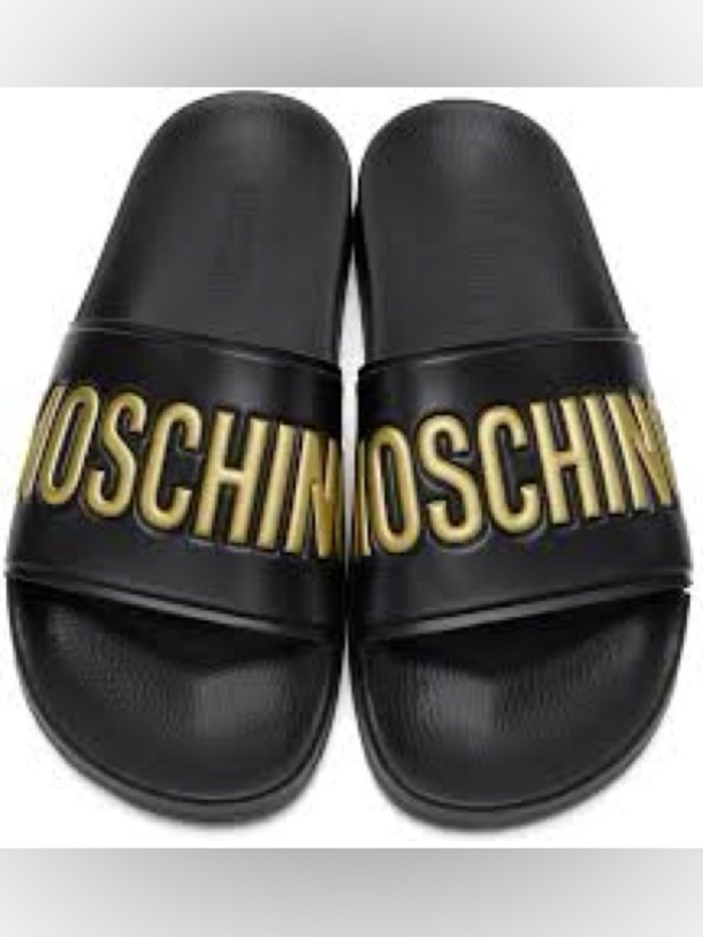 Moschino Black Slides with Gold Logo Banding